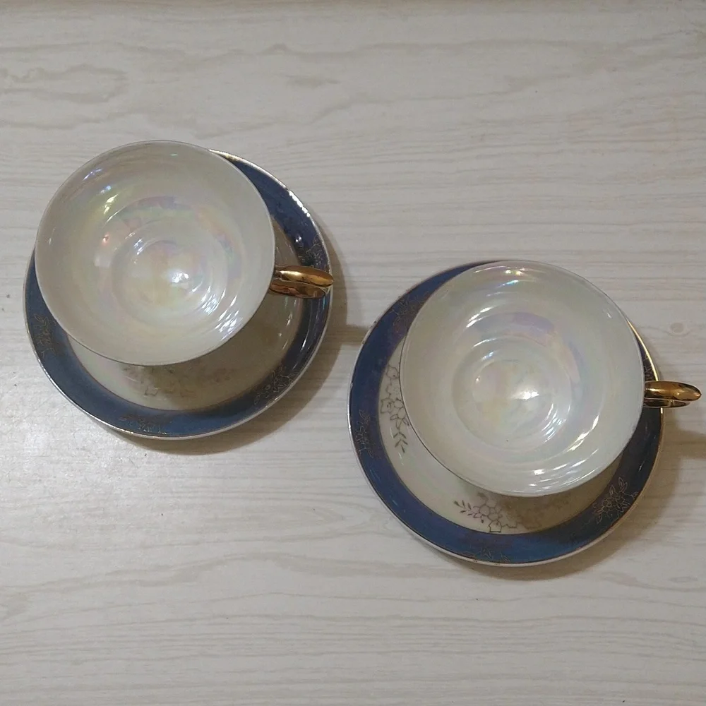 Vintage 1950's Iridescent Mother of Pearl w Blue Band and Gold Design Tea Set - Picture 6 of 7